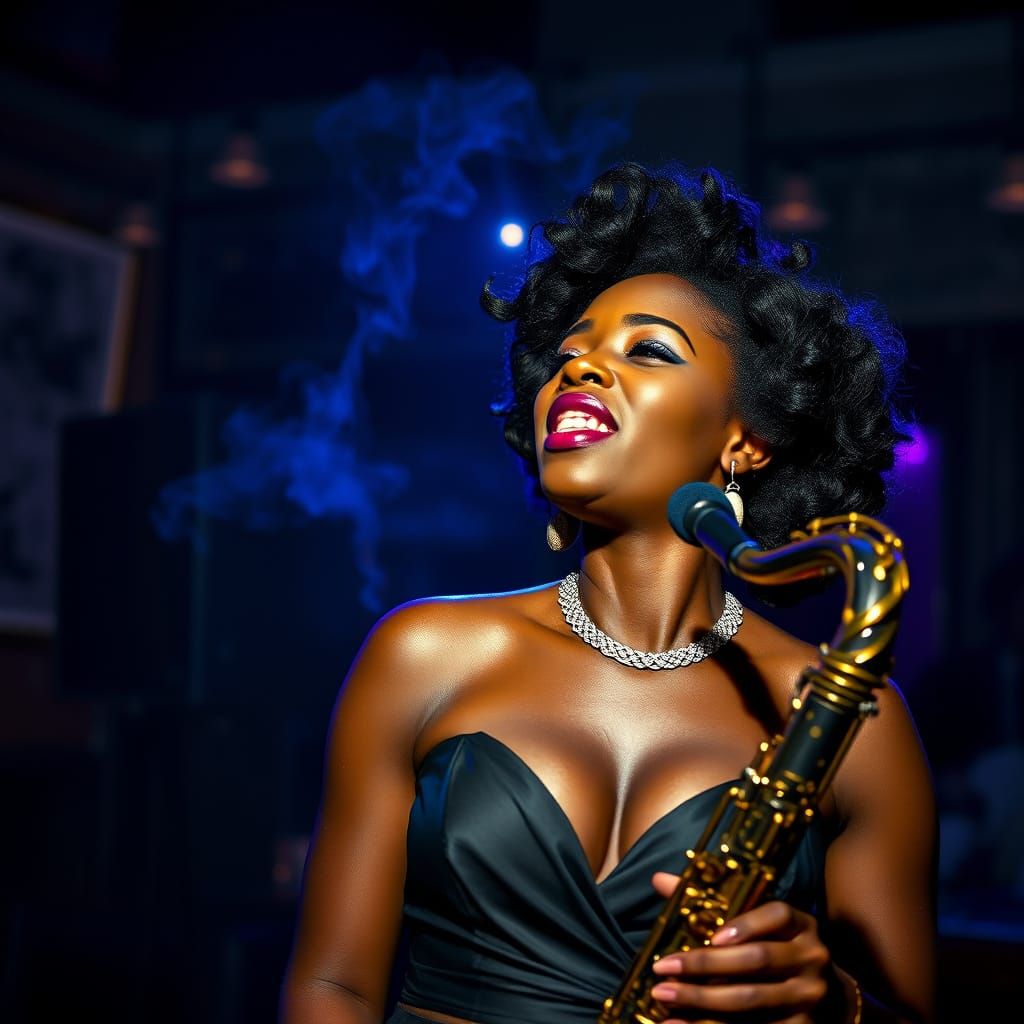 African Woman Singing Blues in a Smoky Bar
