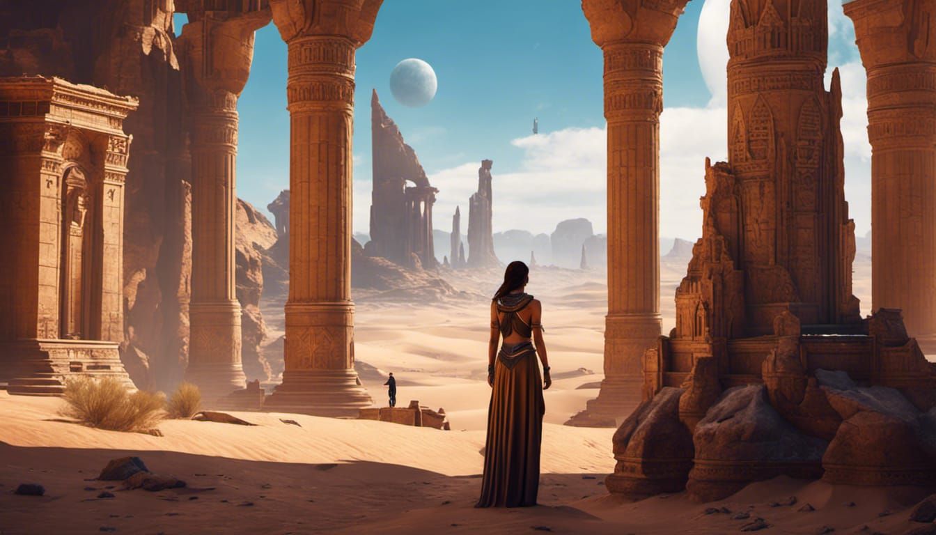 archeologist looks at statues of huge ruins