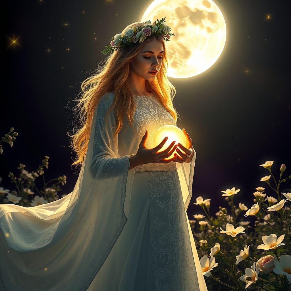 A digital art illustration captures a woman in a long, intricately patterned dress with flowing golden hair, adorned wit...