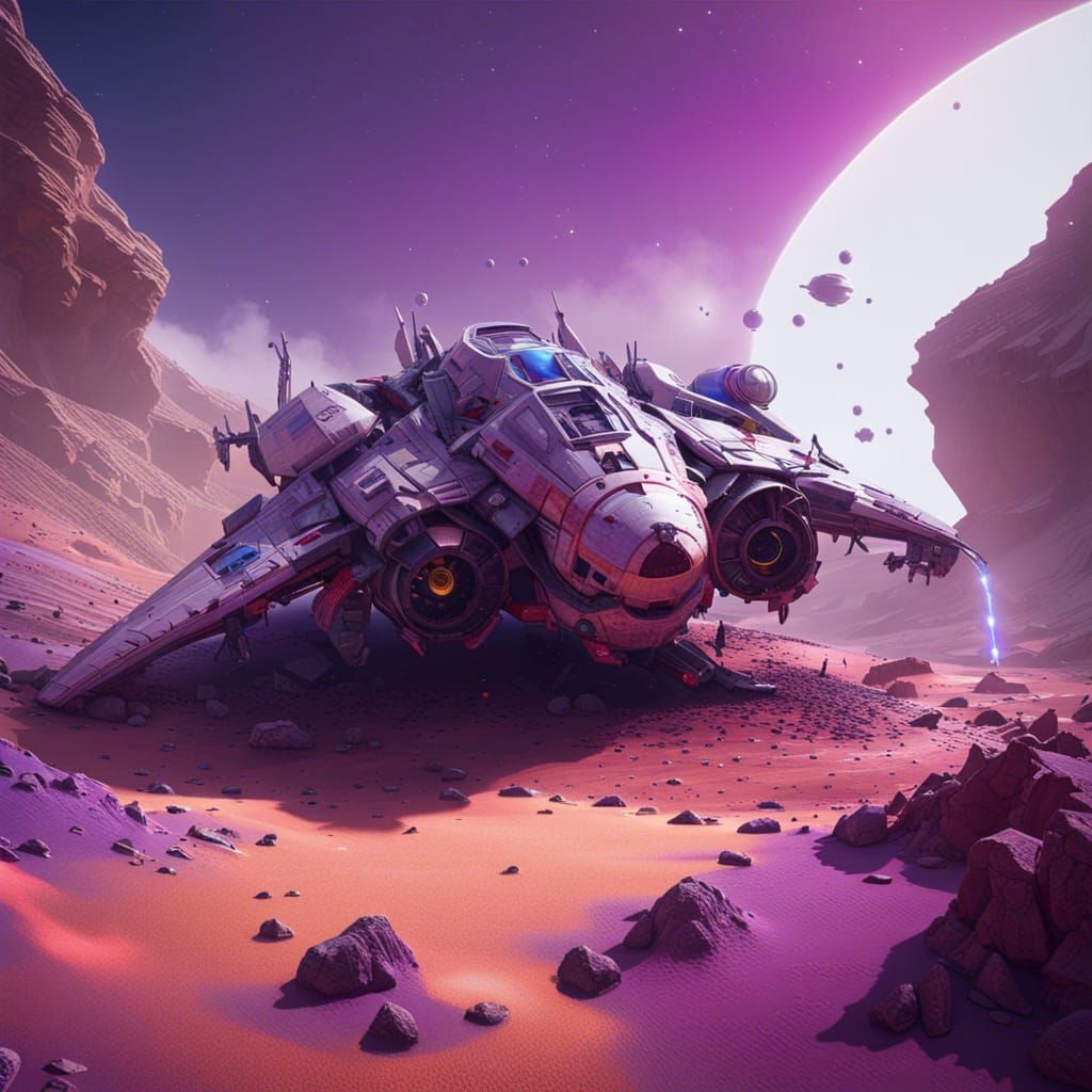 Crashed Spacecraft on Purple Planet, Hyperdetailed Art