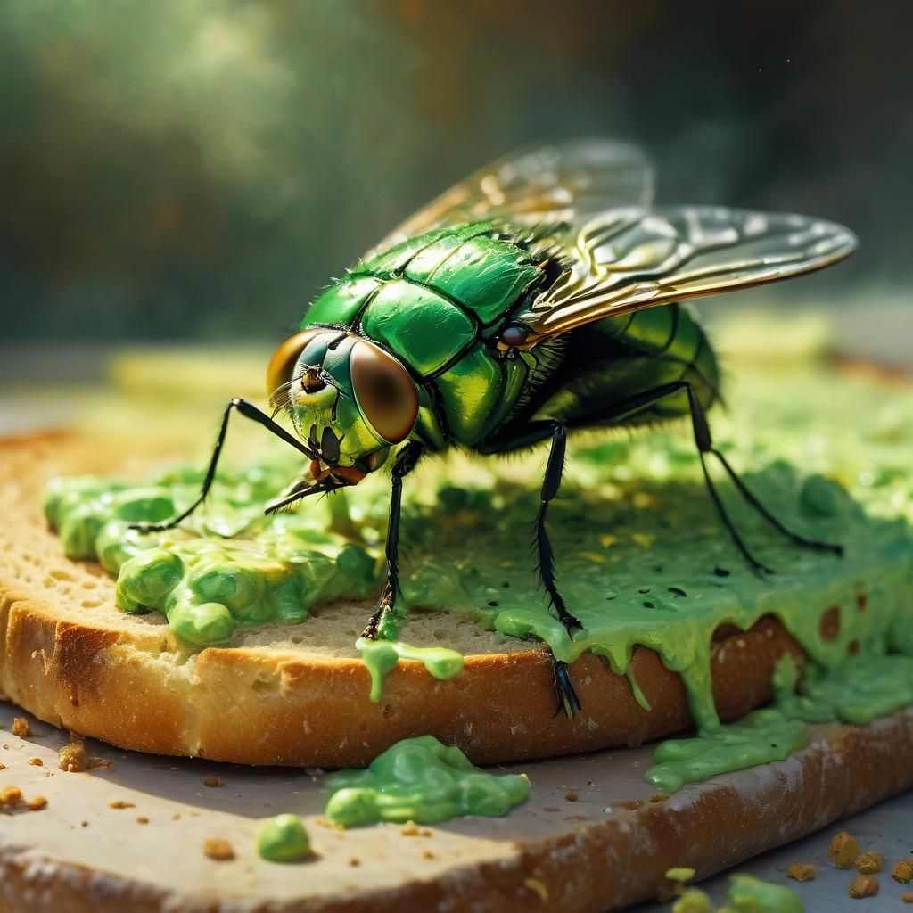 Green Fly on Bitten Bread in Gouache Impressionism