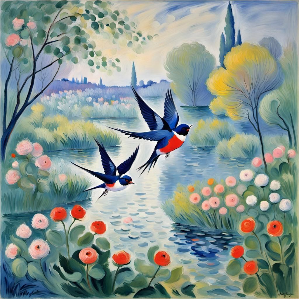 Swallow in Spring: Impressionist Oil Painting