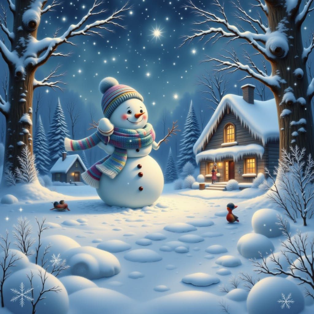 Joyful Snowman in Opalescent Winter Forest
