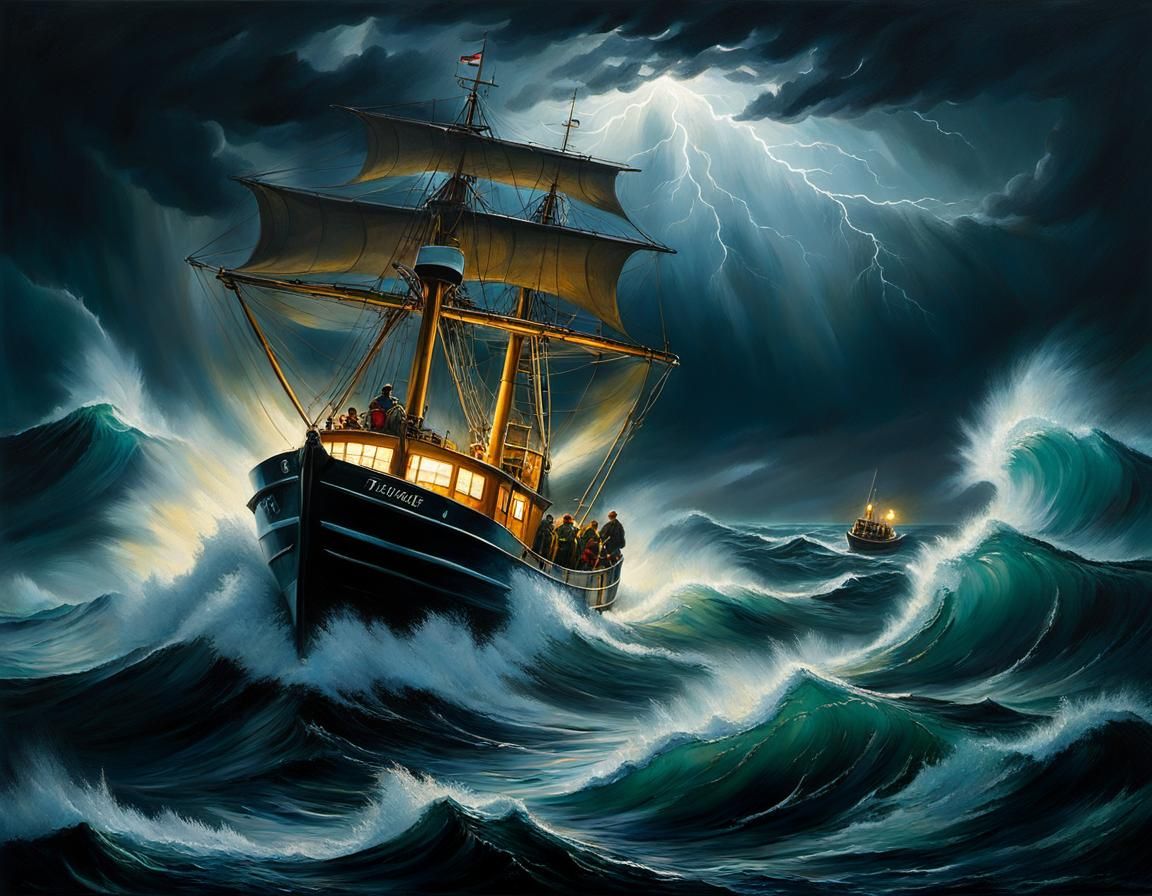 Fishermen's Perilous Journey: An Epic Oil Painting
