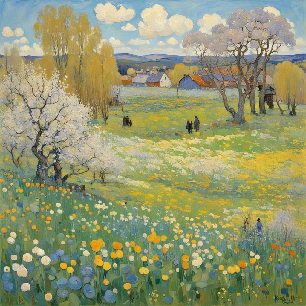 Colorful Spring Landscape in Art Nouveau Style