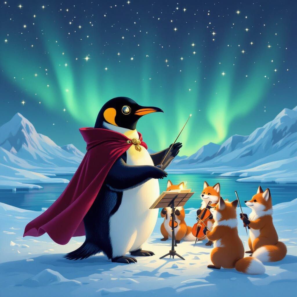 Penguin Conductor Leads Arctic Fox Orchestra Under Aurora