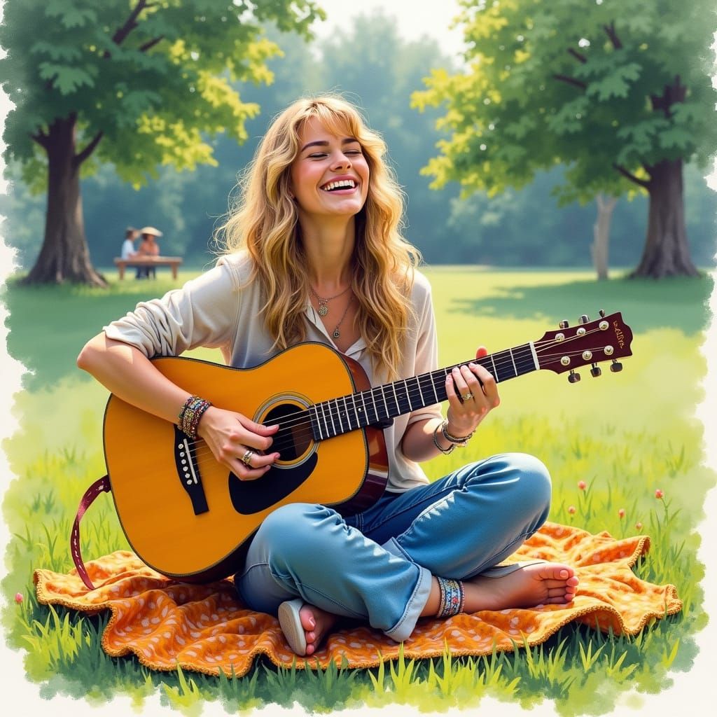 Happy Hippie Woman Plays Guitar in a Grassy Park