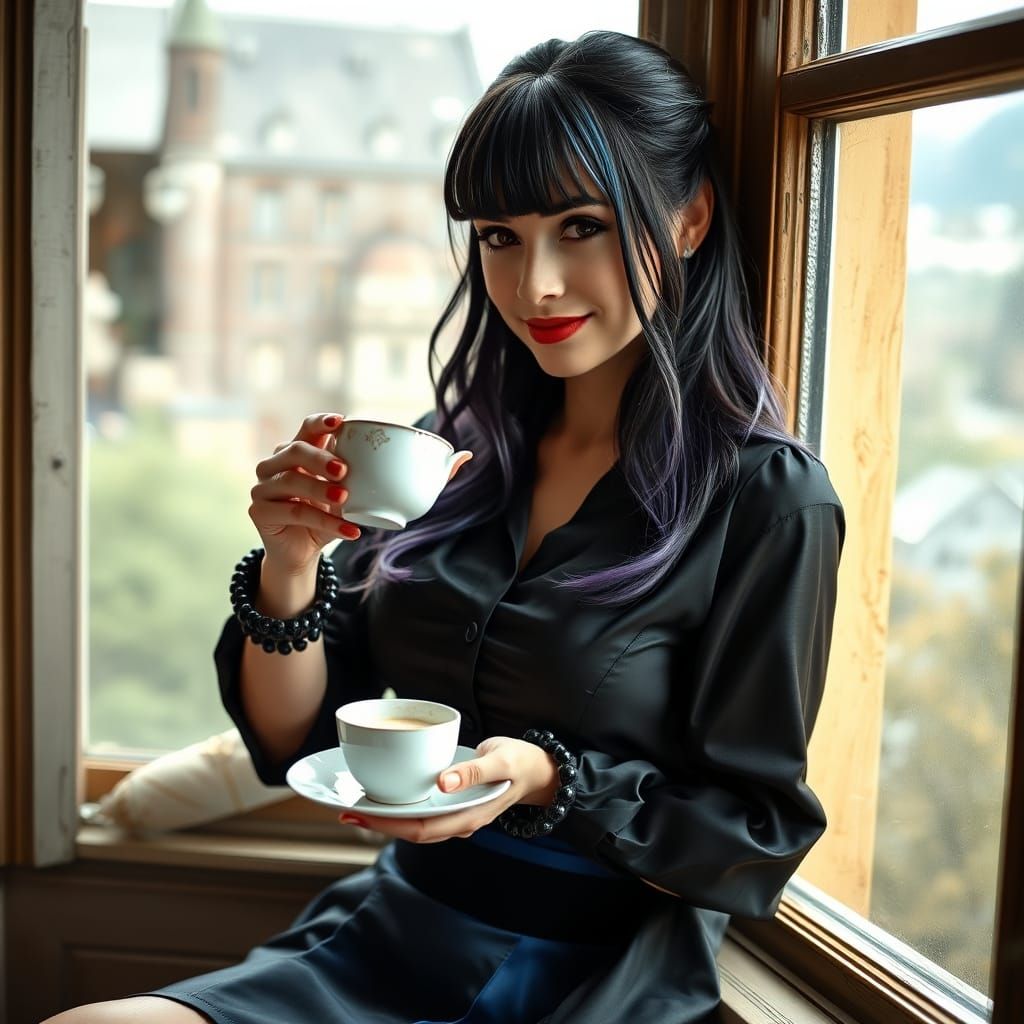 Gothic Woman Sipping Tea by Open Window