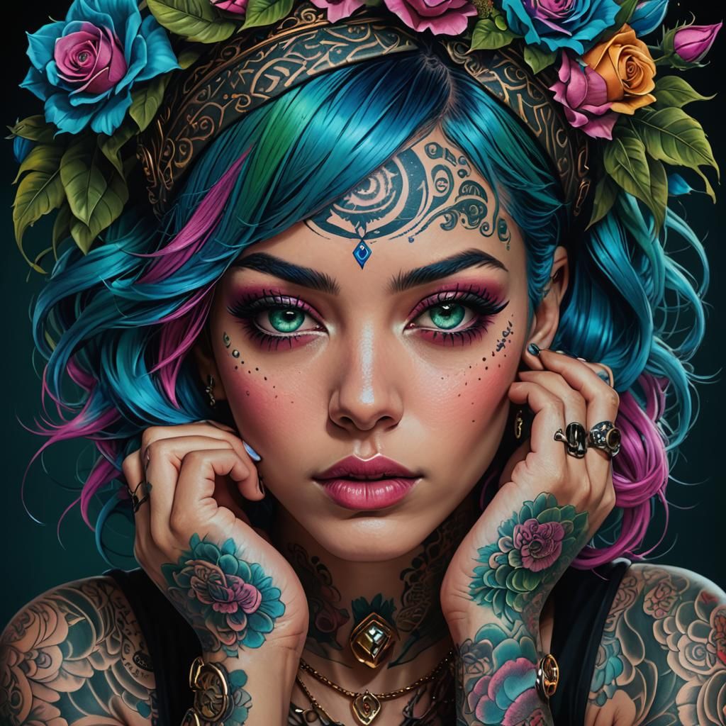 Woman with Pop Art Tattoos in Hyper-Realistic Digital Art