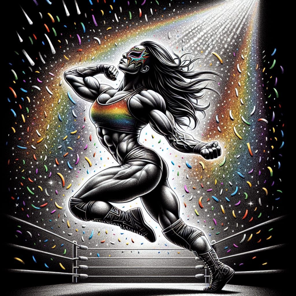 Monochrome Luchadora Silhouette with Rainbow Accents