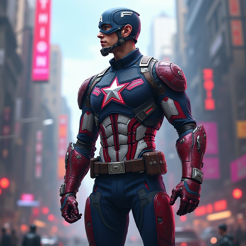 Cyberpunk Captain America in Biopunk Armor, a Fusion of Digi...