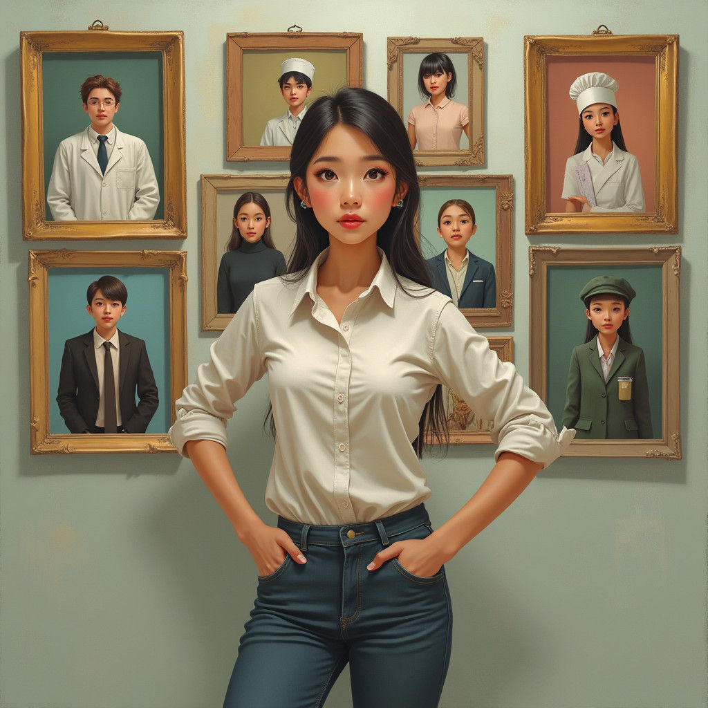 Woman Contemplates Career Options in Surreal Art