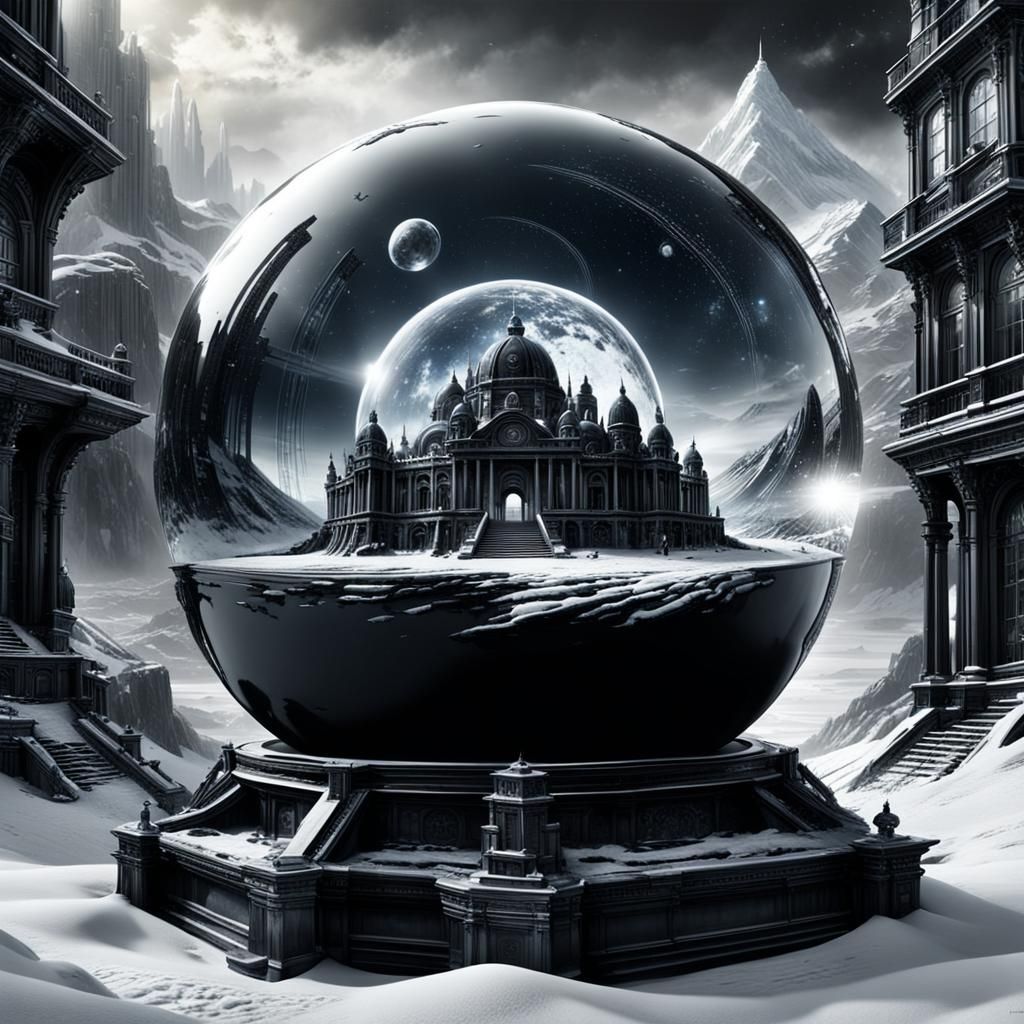 City in Crystal Ball: Black and White Fantasy