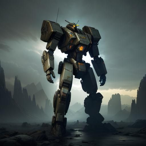 Sci-Fi Mechwarrior Robot in Rocky Terrain