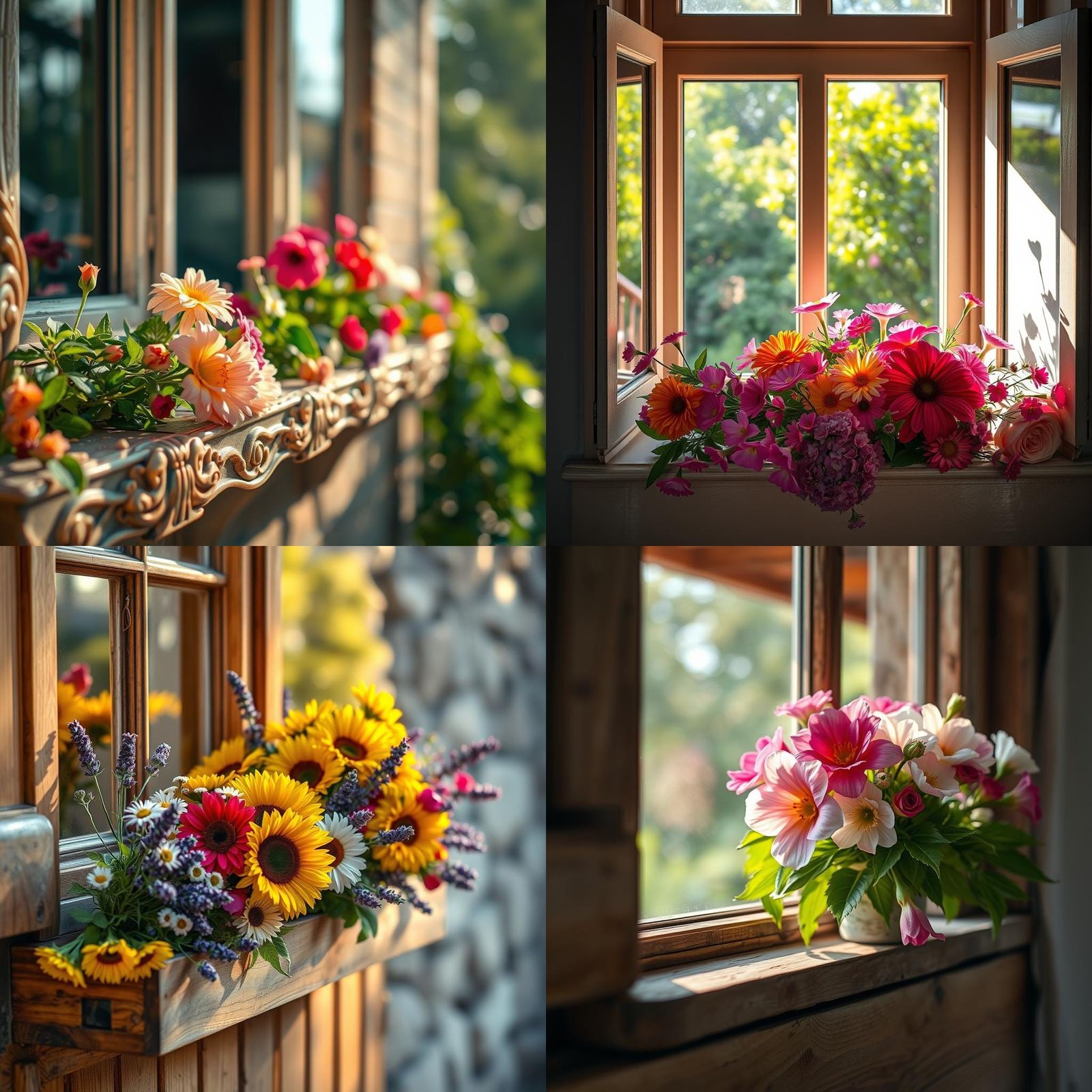 a window shill with flowers, realistic, photography, 4k, HDR...