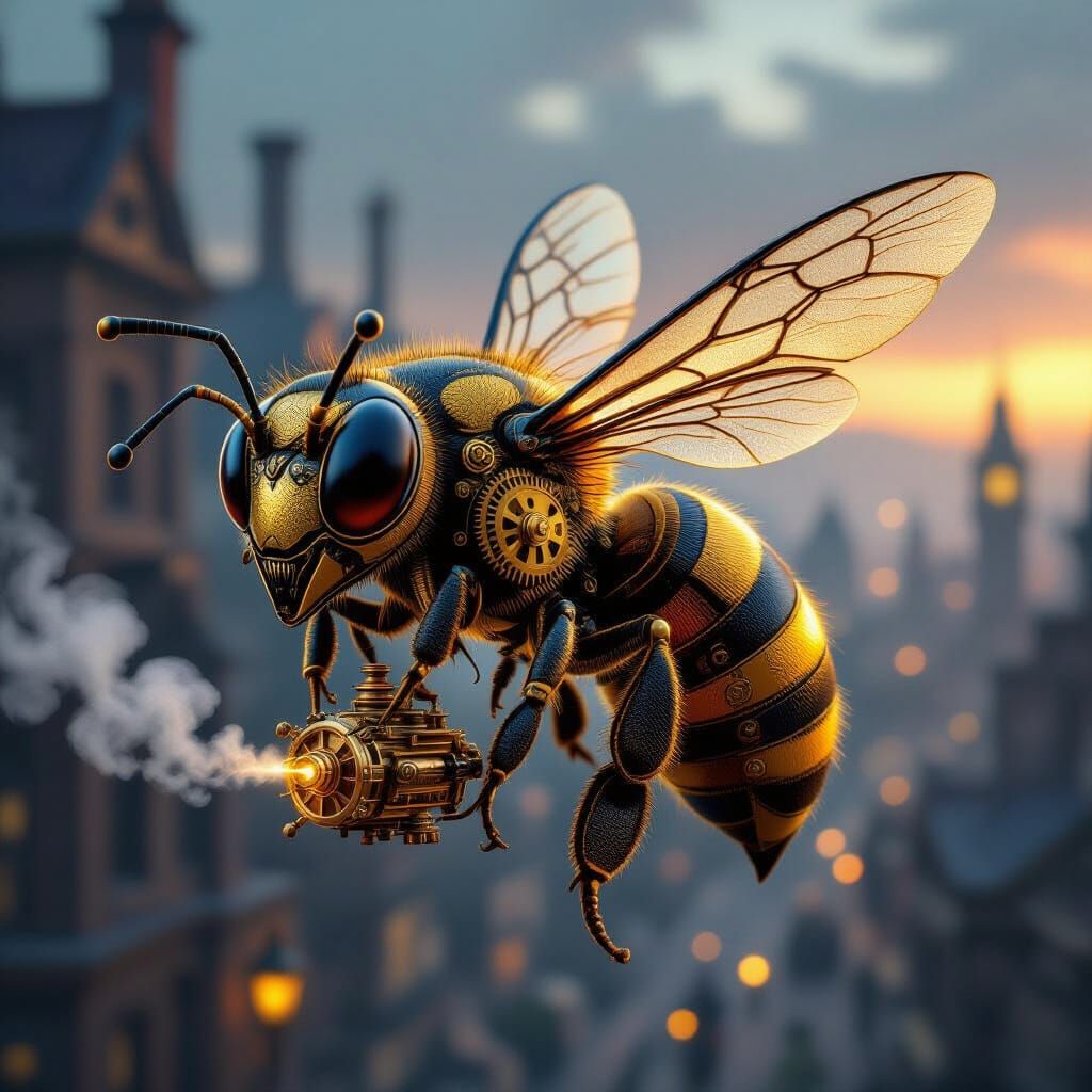Steampunk Bee with Angry Eyes in Flight