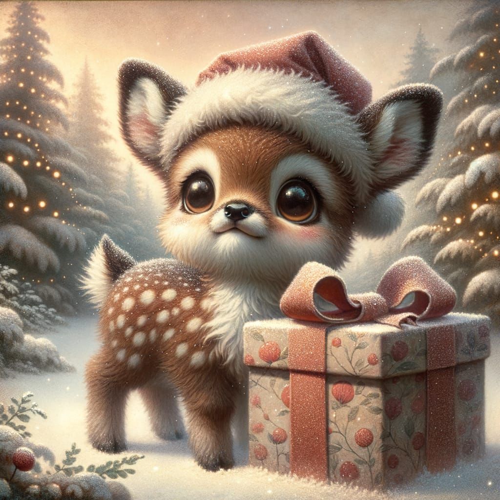 Whimsical Deer Behind Joyful Christmas Gift in Snowy Forest
