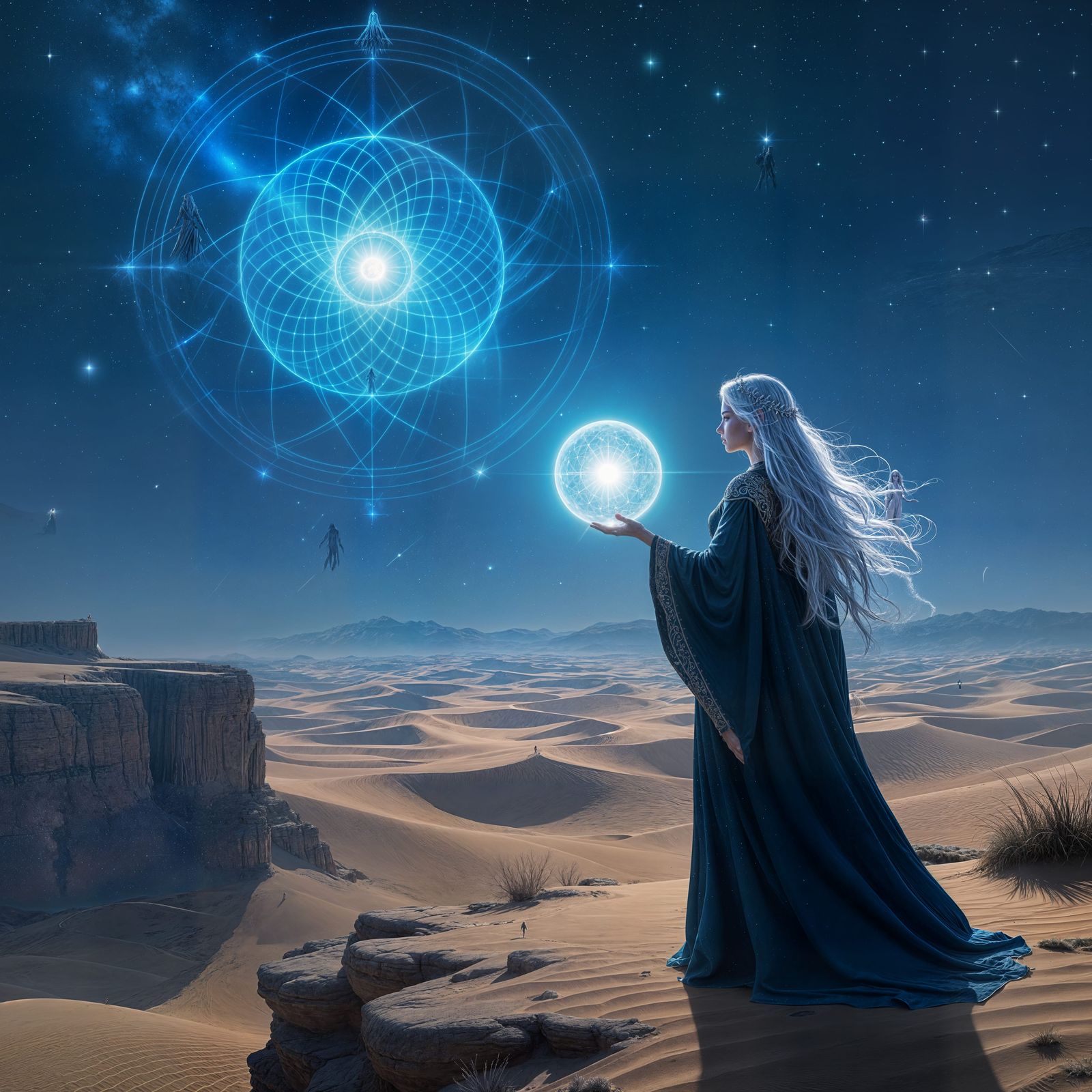 Sorceress on Cliff Overlooking Starlit Desert with Glowing O...