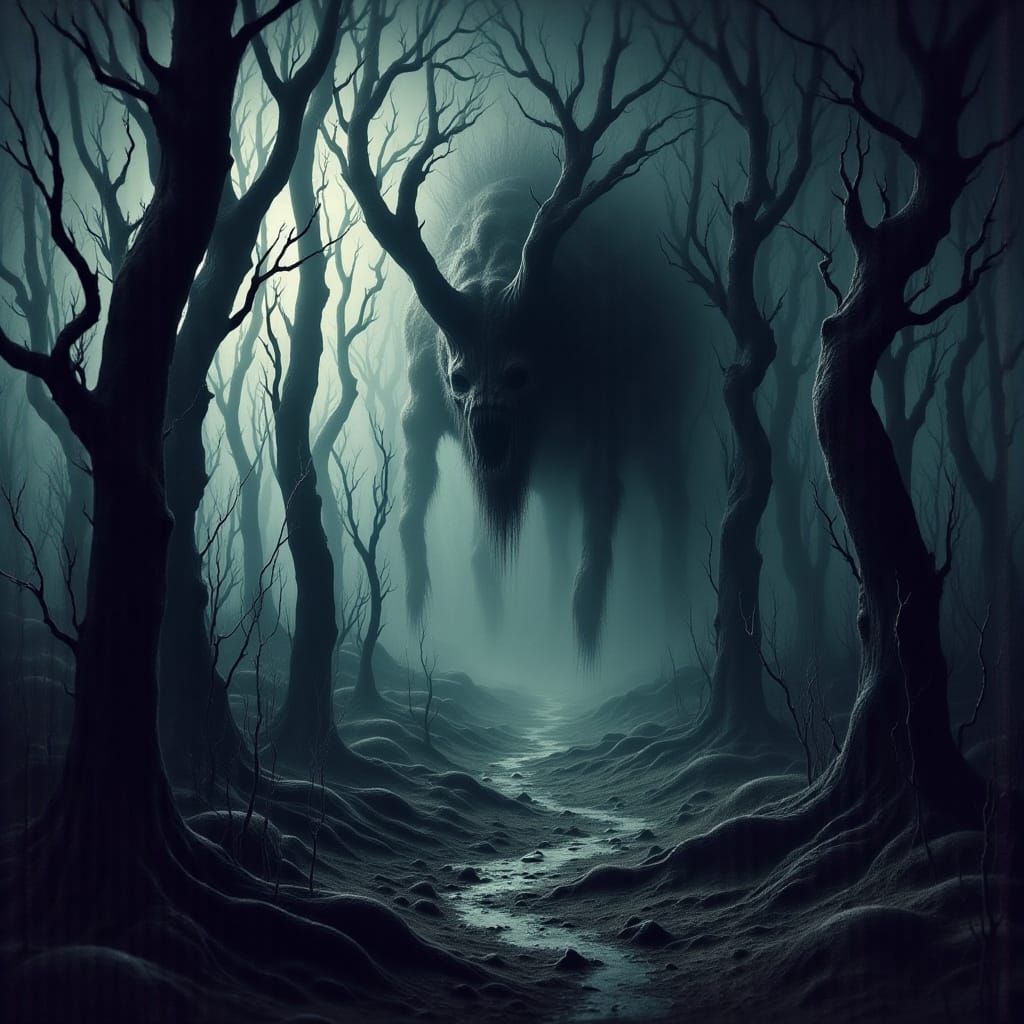 Ominous Landscape with Evil Monster in Dark Art Style