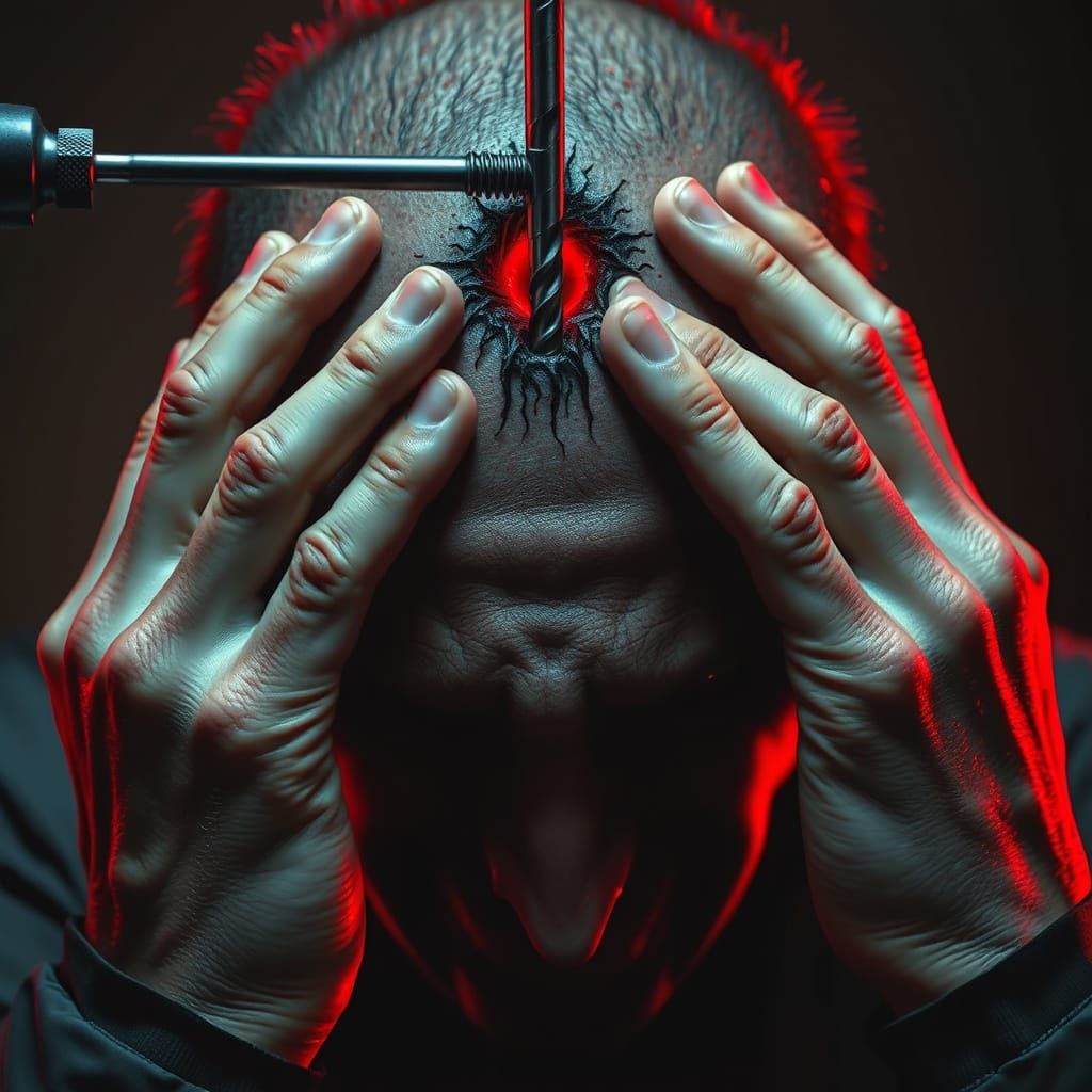 Visceral Pain Depicted: Drill Piercing Forehead in Hyperreal...