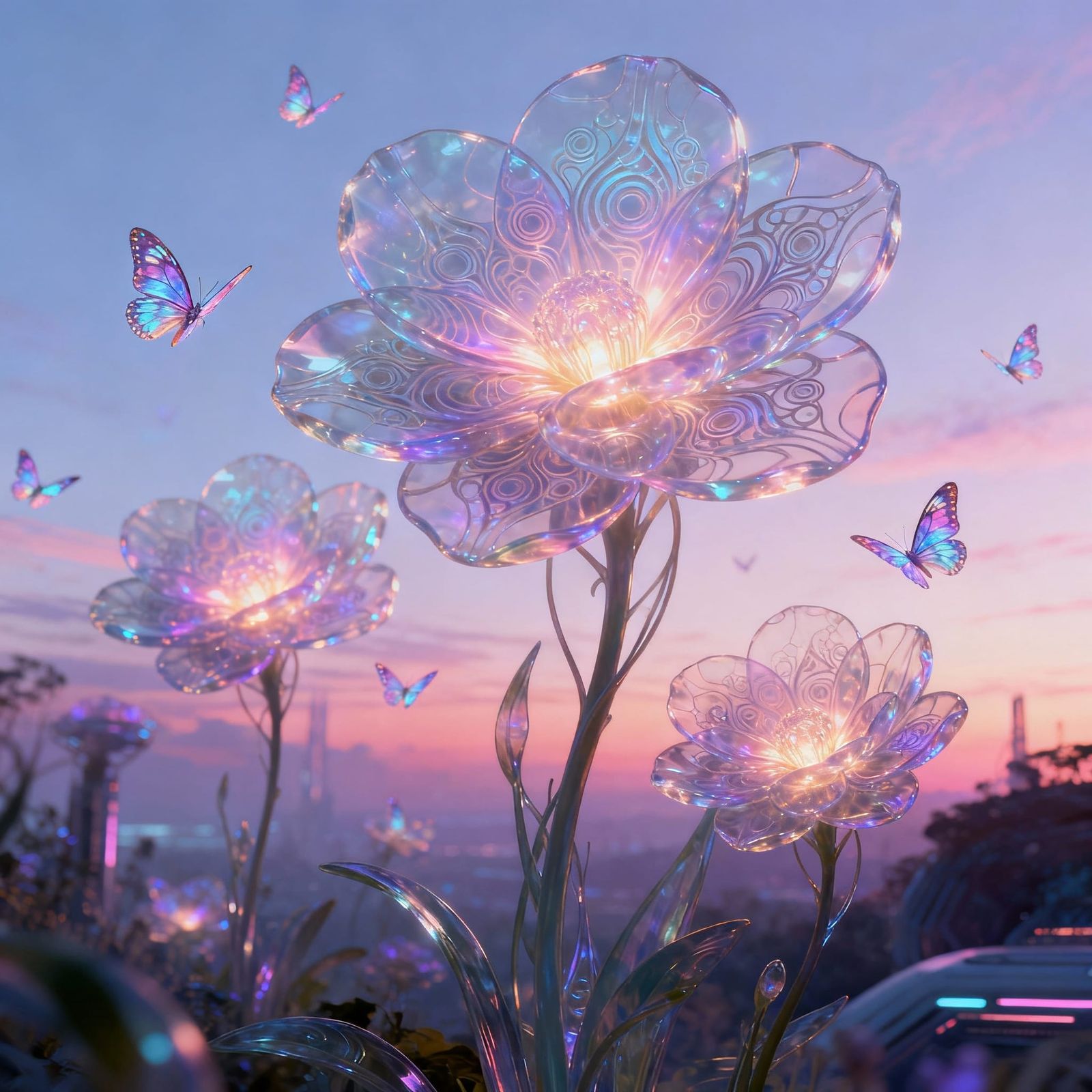 Glowing Surreal Flowers in Digital Dreamscape