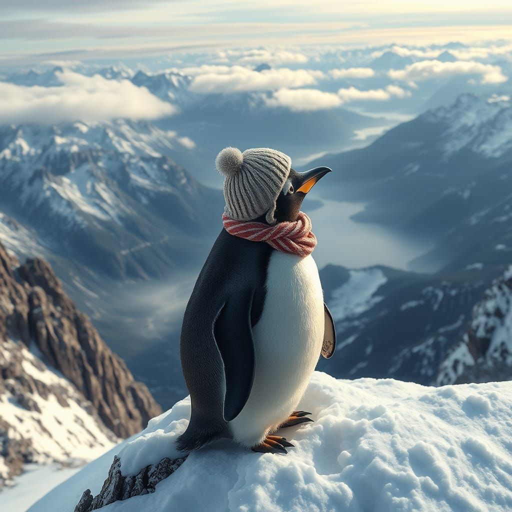 Adorable Penguin at Mountain Peak in Realistic Winter Landsc...