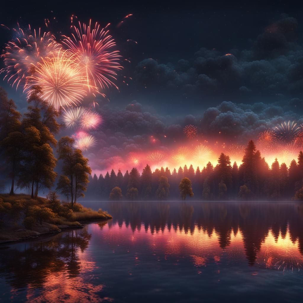 Fireworks Reflecting Over Calm Lake: Fantasy Concept Art