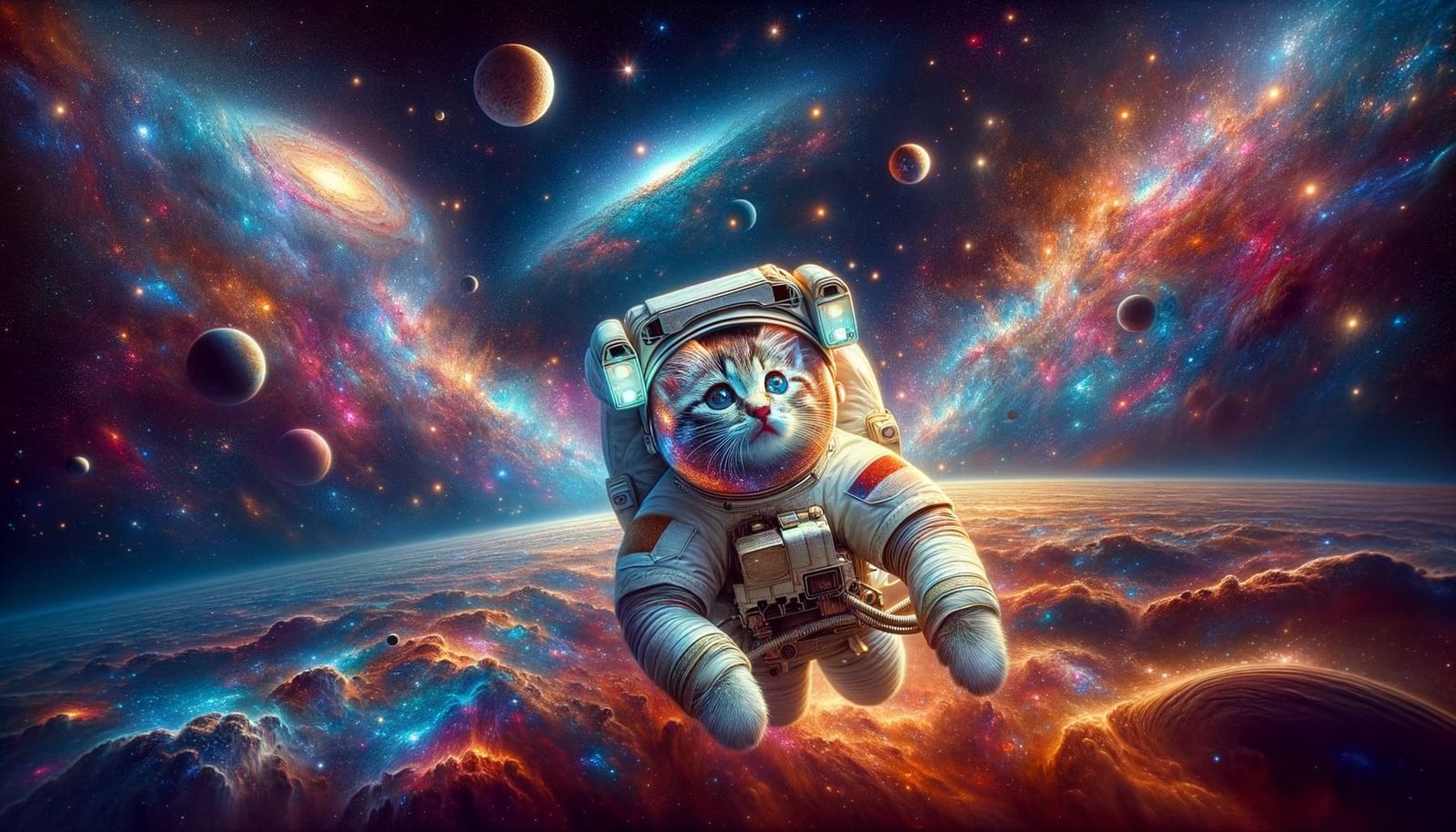 Astronaut Kitten Floating in Space Dreamscape