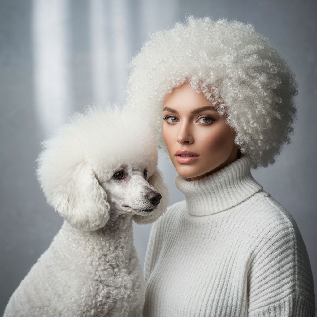 Woman and Poodle with Matching Afros in Studio Portrait