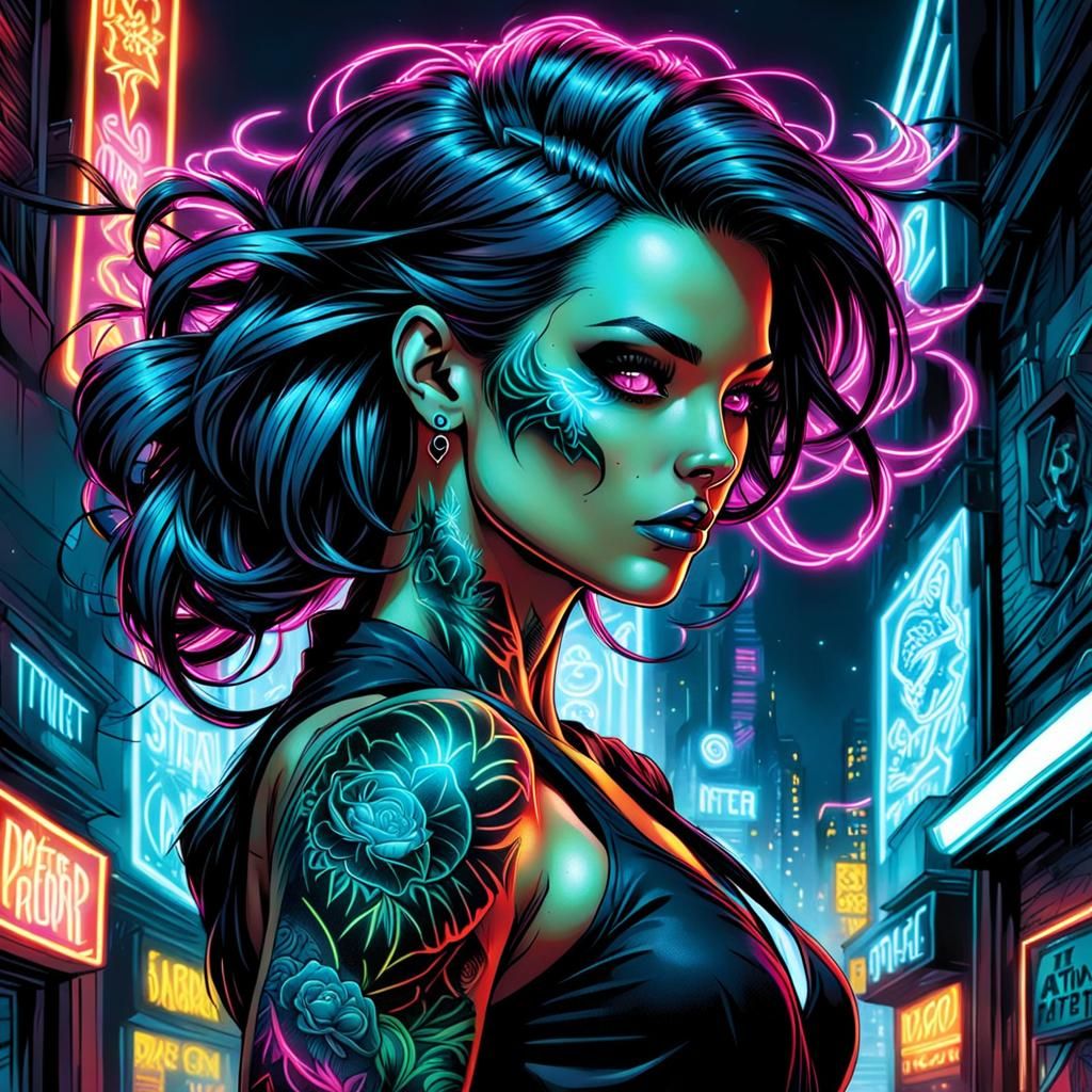 Girl with Neon Tattoos in Tokyo Night