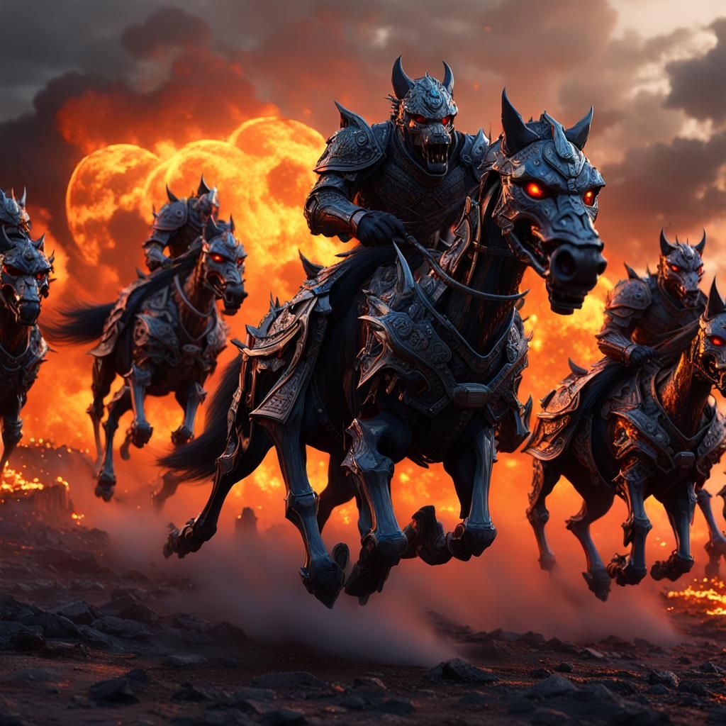 Apocalyptic Horsemen Galloping on Devil Wolves