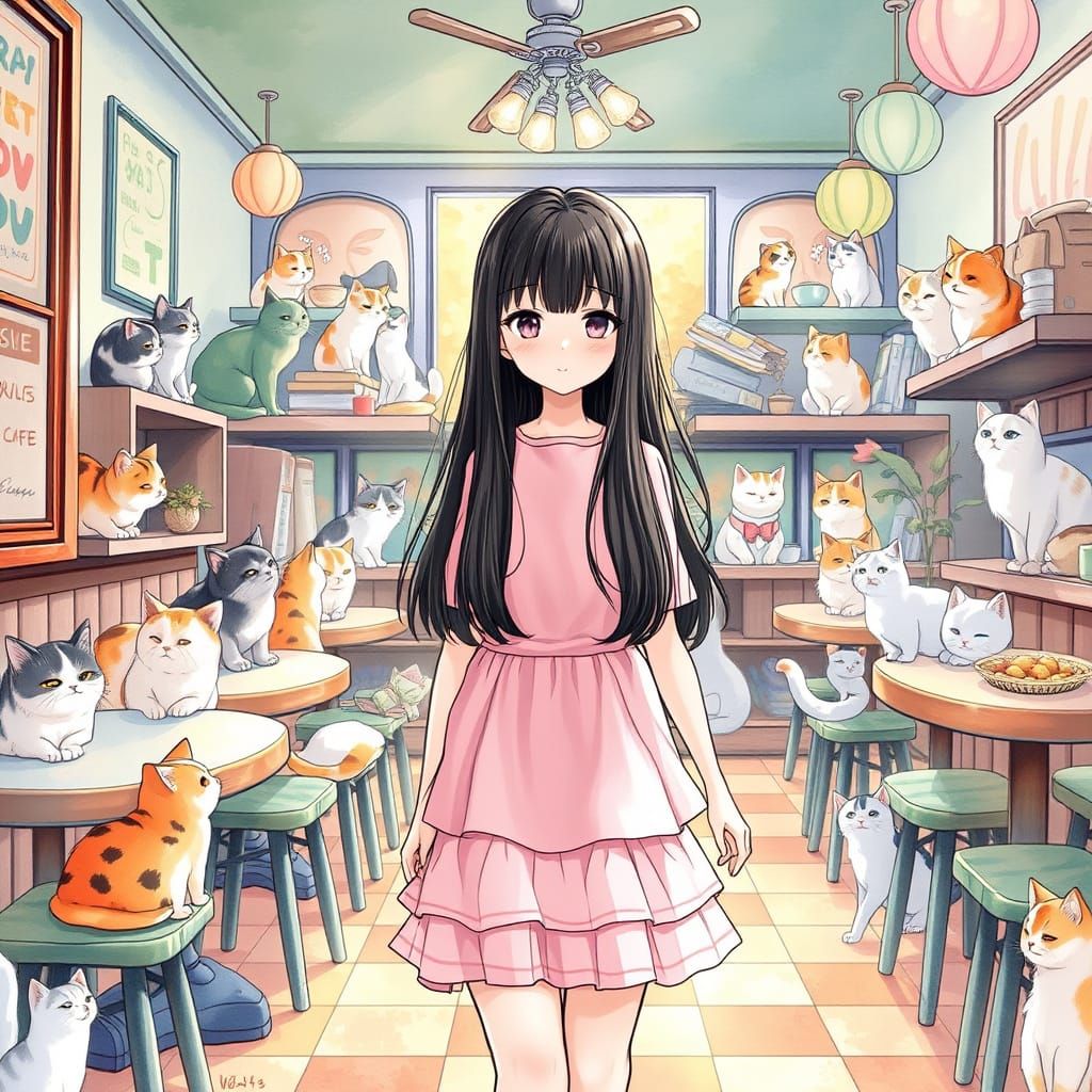 Anime Cat Cafe Girl in Pastel Pink Dress