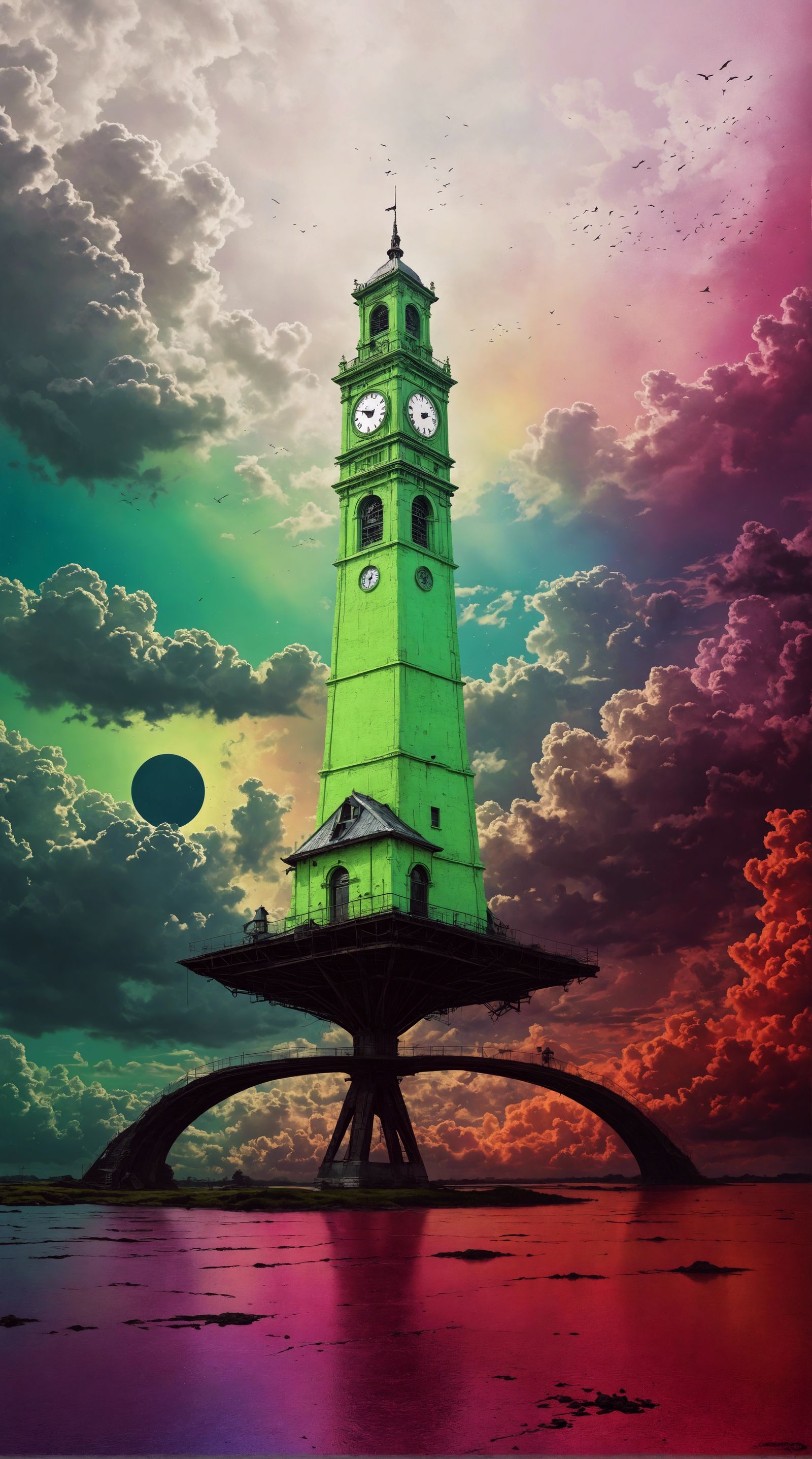 Clocktower on Neon Planet in Ukiyo-e Sci-Fi Style