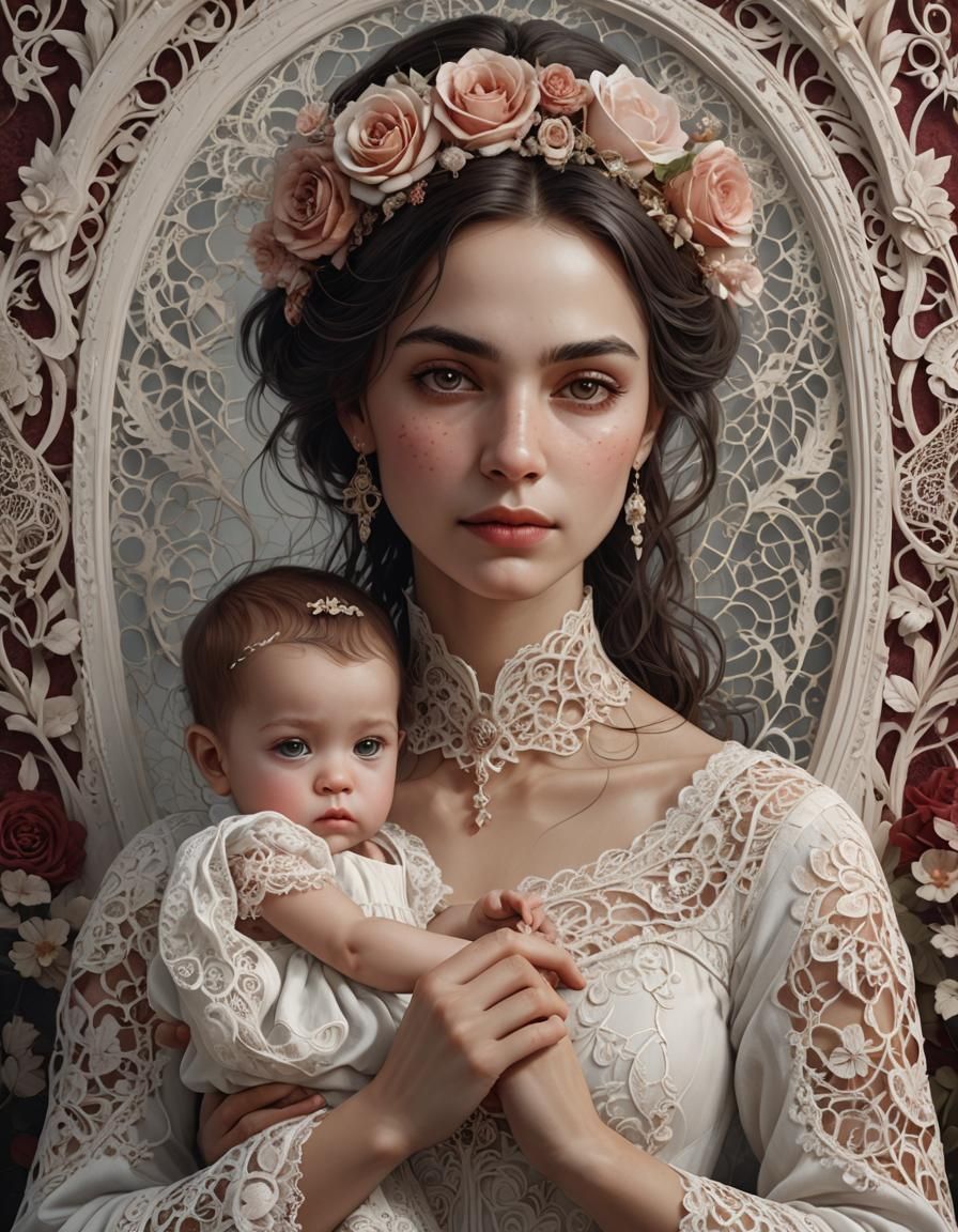 Mother and Child Portrait with Lace Background