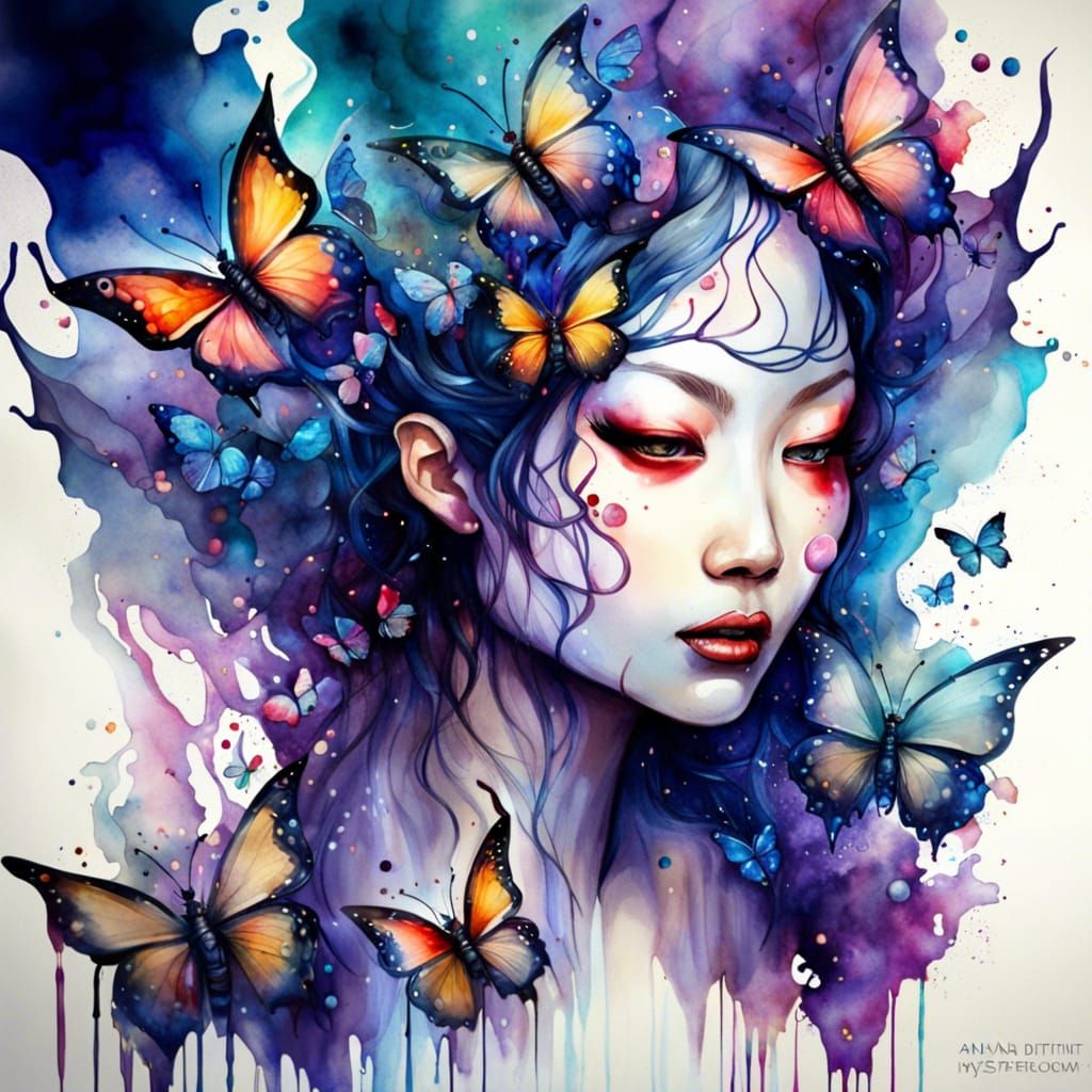 Demonic Butterfly Goddess in Surreal Watercolor Art