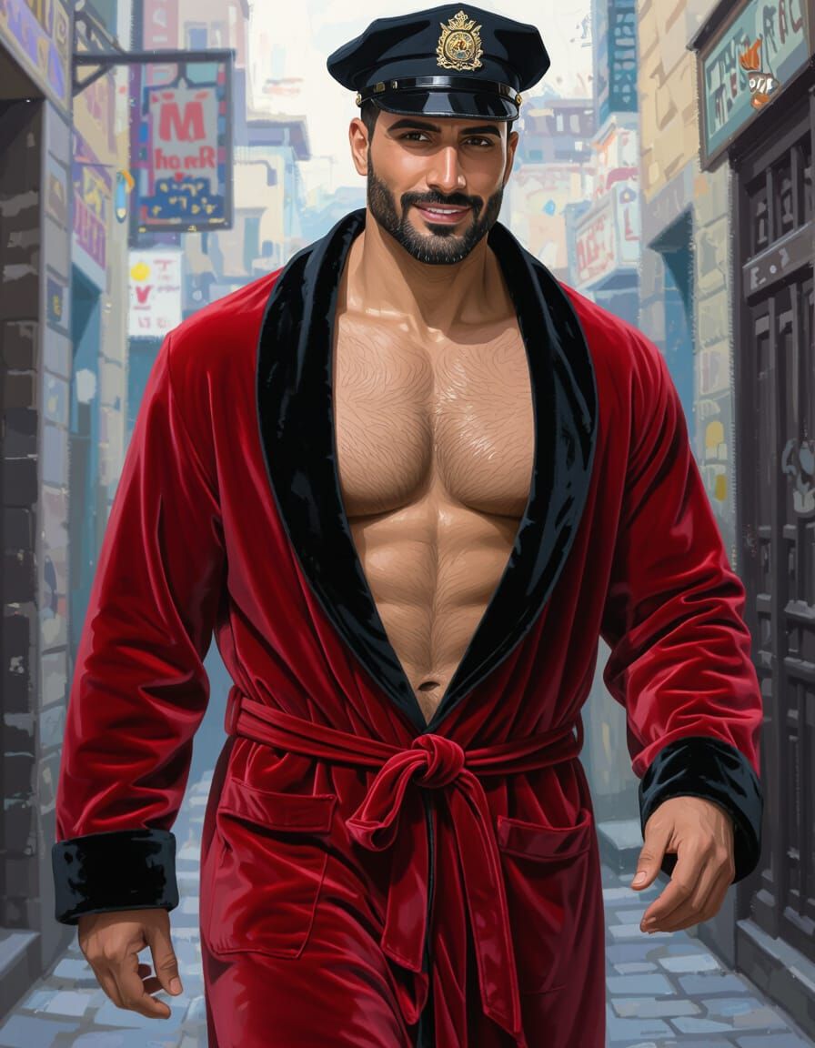 Handsome Officer in Red Velvet Bathrobe