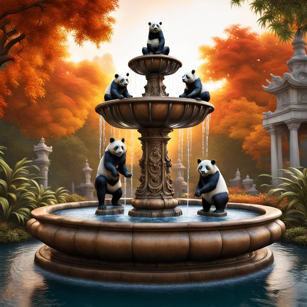 majestic garden water fountain, adorned with a magnificent bronze statue of playful pandas