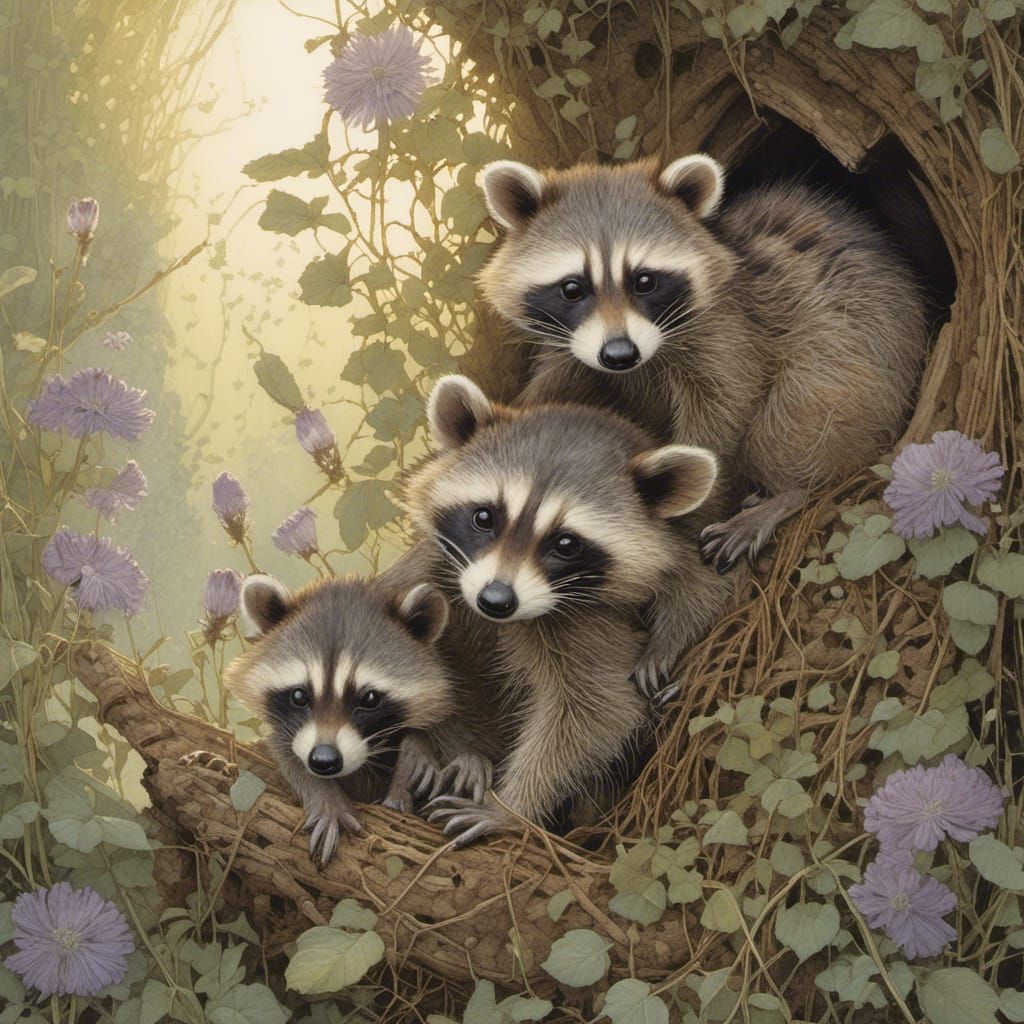 Baby Raccoons in Den at Violet Twilight