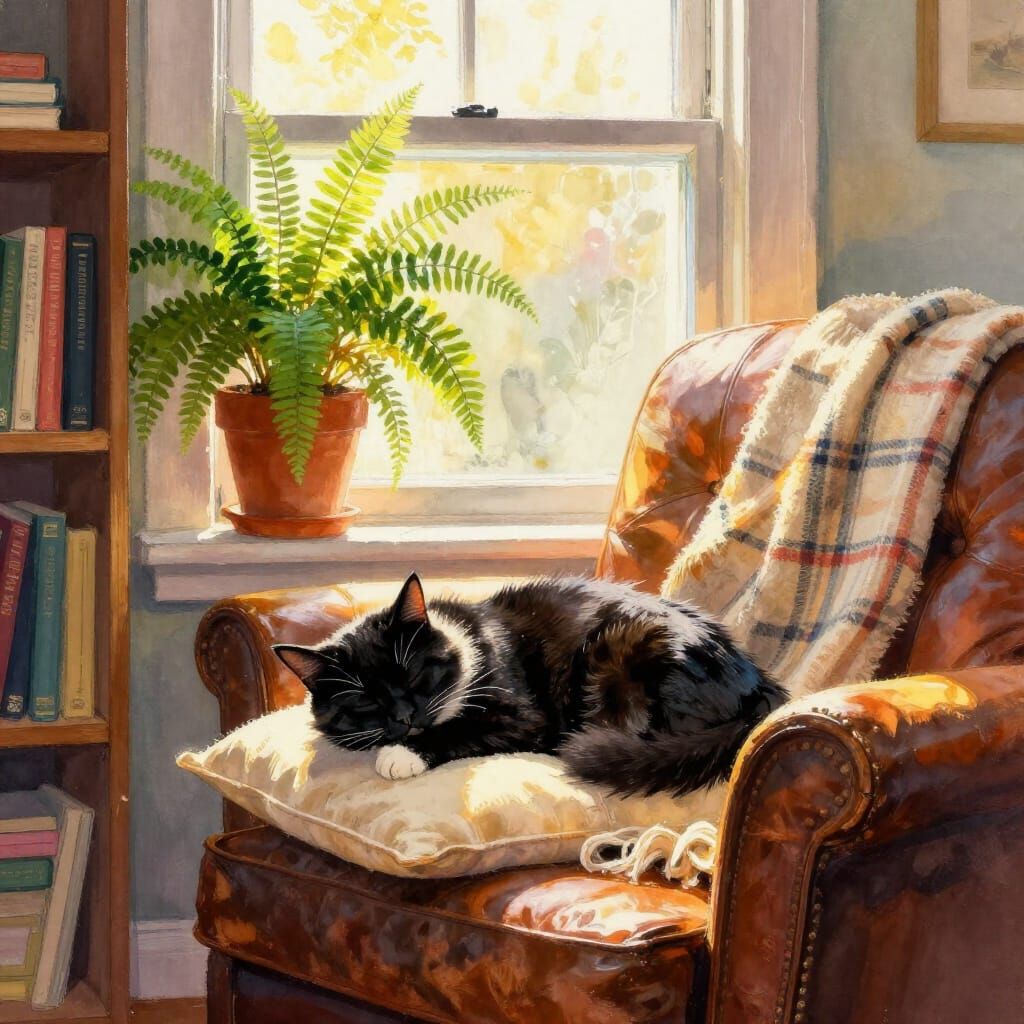 Fluffy Cat Sleeping in Sunlit Window, Watercolor Style