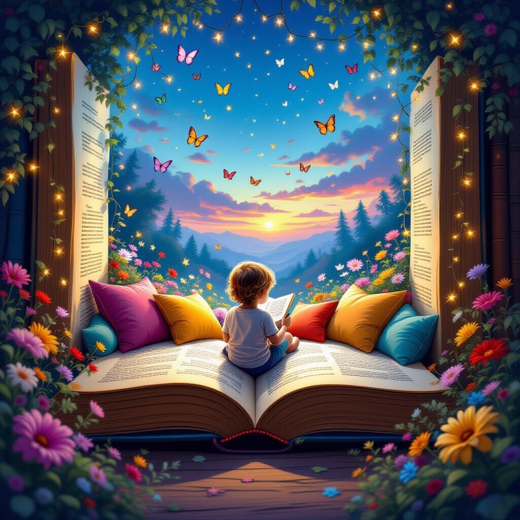 Cozy Reading Nook in Giant Book, Fantasy Illustration