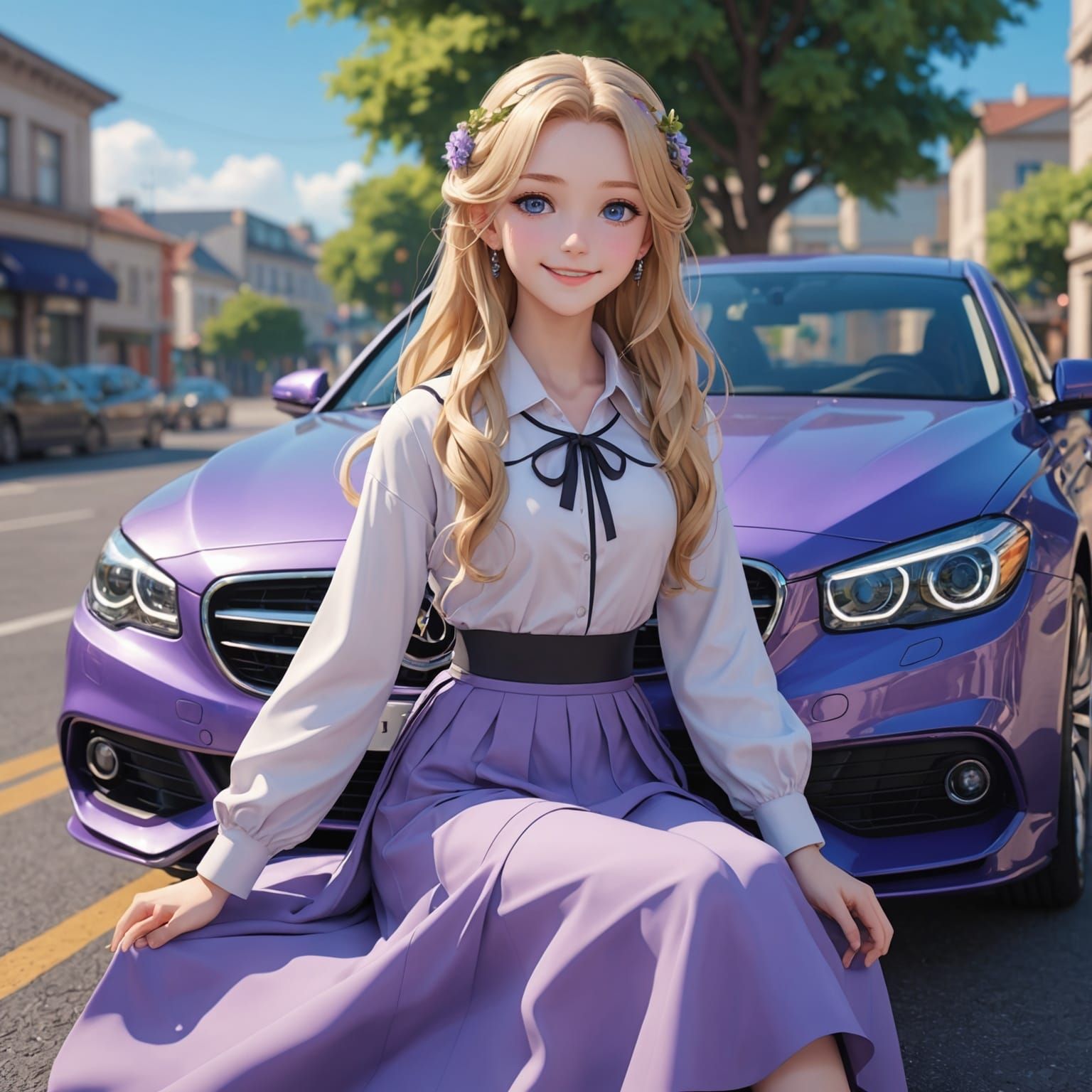 Anime Girl on Purple Car in 3D Style