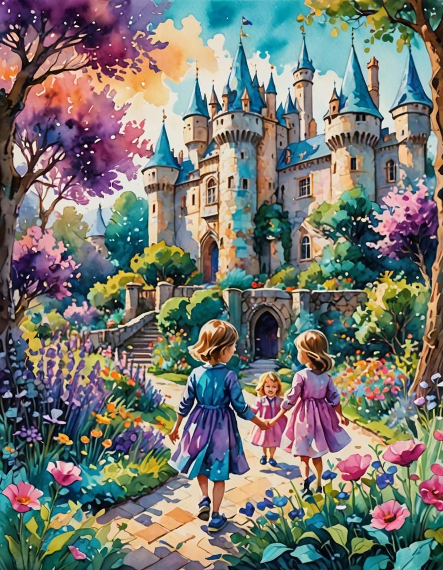 Whimsical Watercolor Garden Scene at Golden Hour