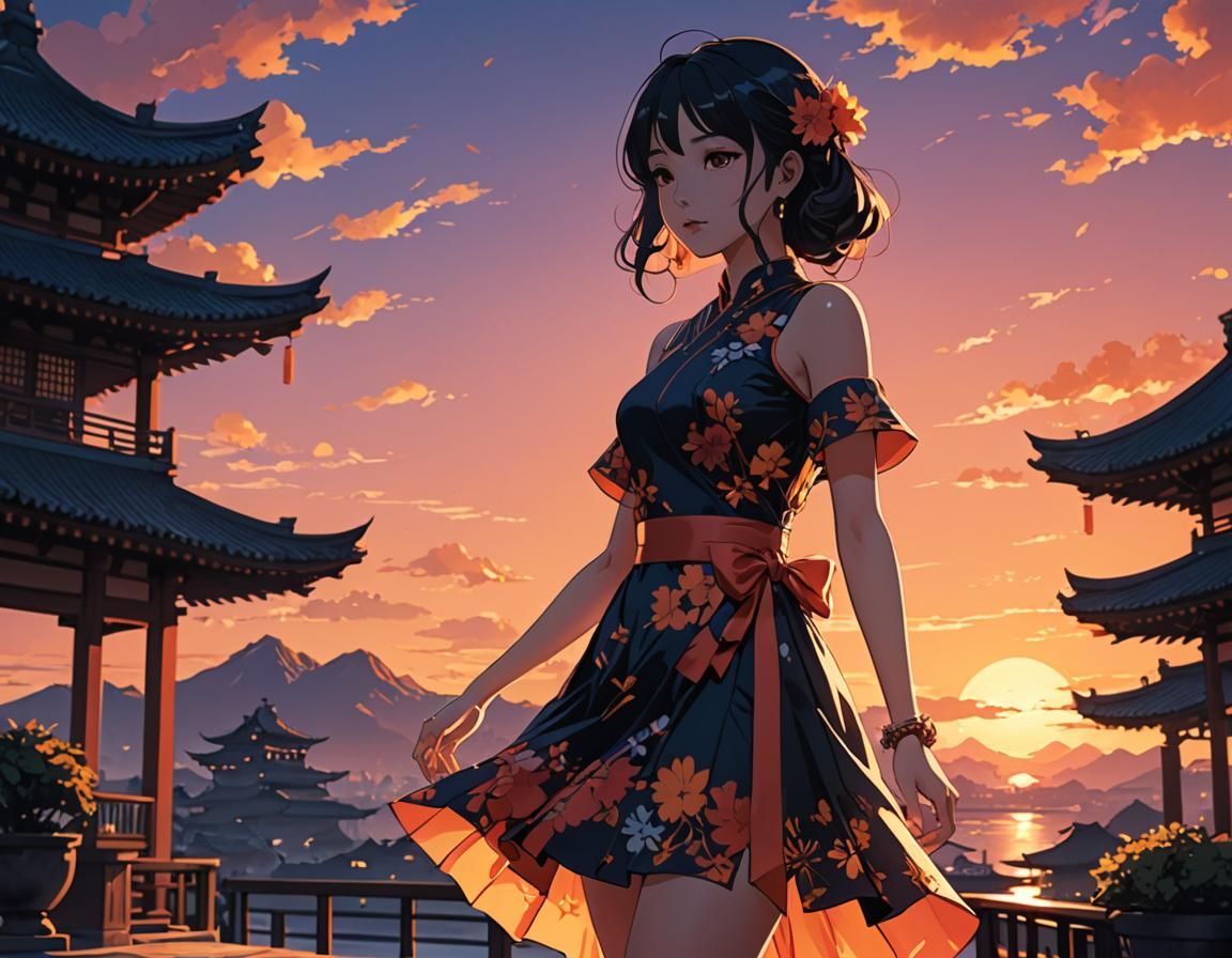Sunset Silhouette: Asian Girl in Anime Style