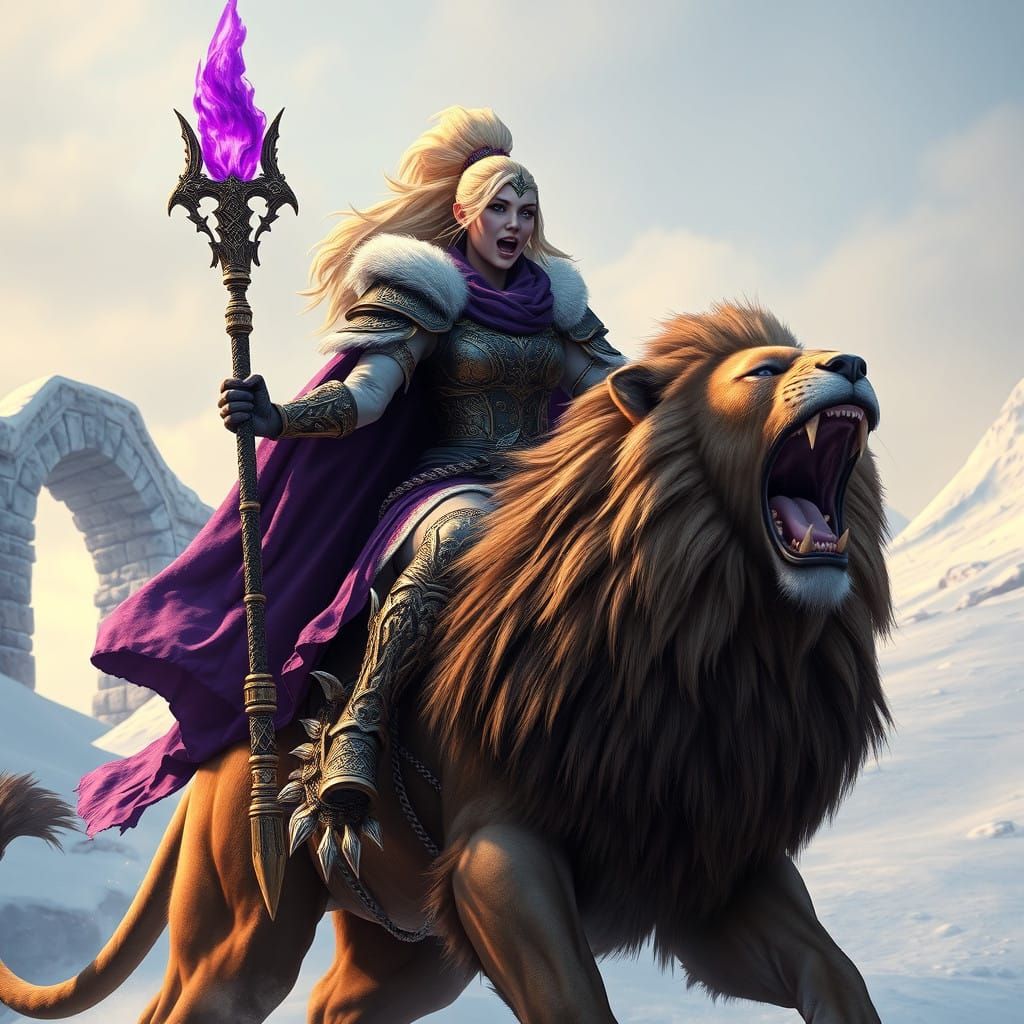Fantasy Warrior Rides Majestic Lion in Regal Splendor