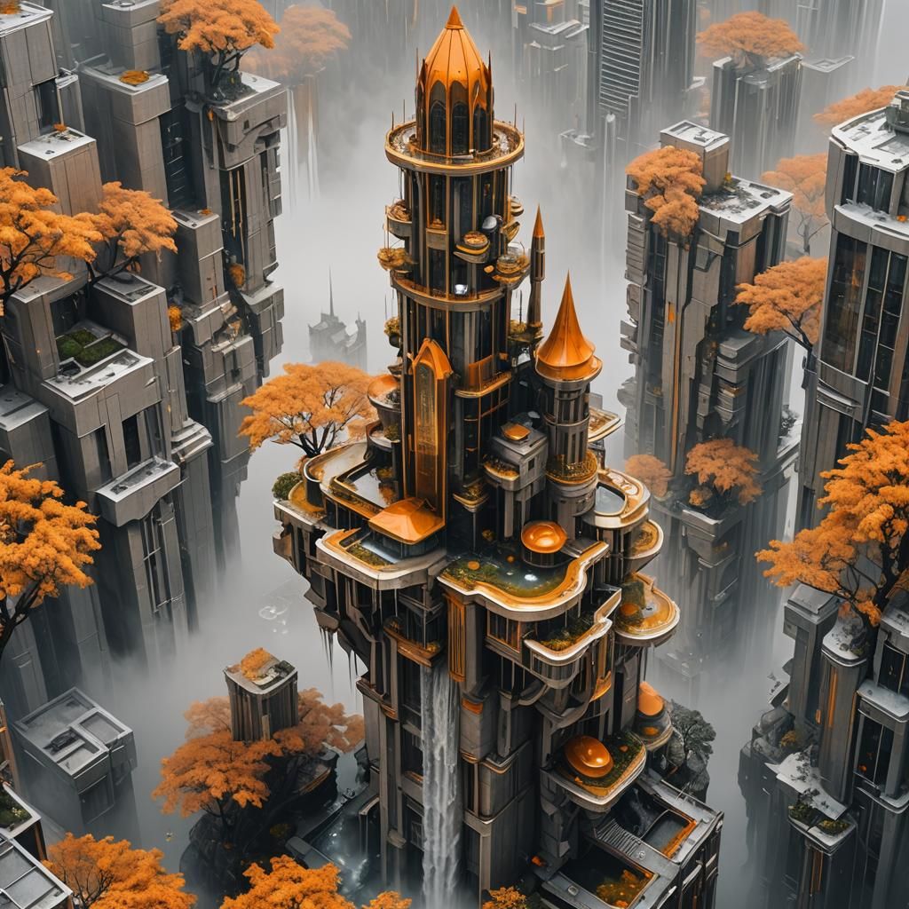 Magical City with Alabaster Wizard Tower in Cyberpunk Style