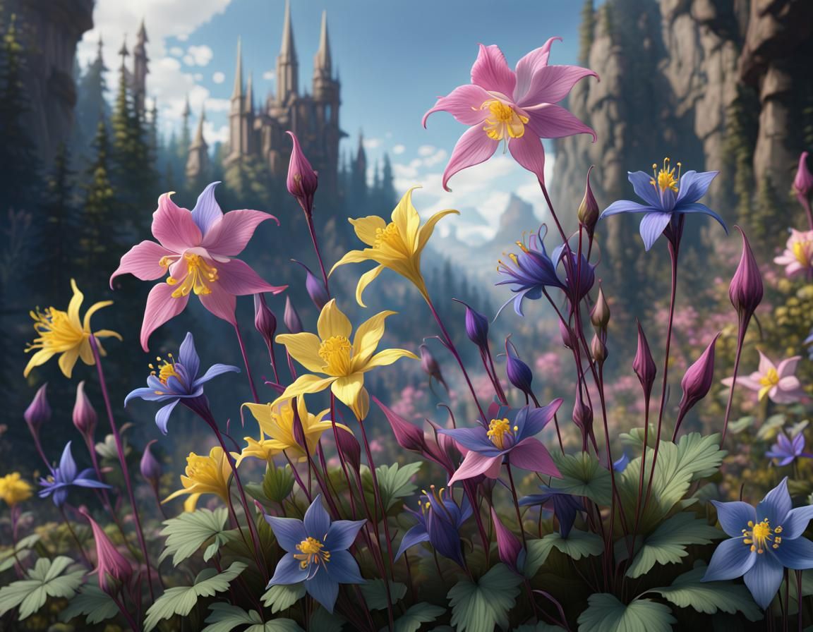 Fantastical Columbine Flowers in Detailed Matte Painting