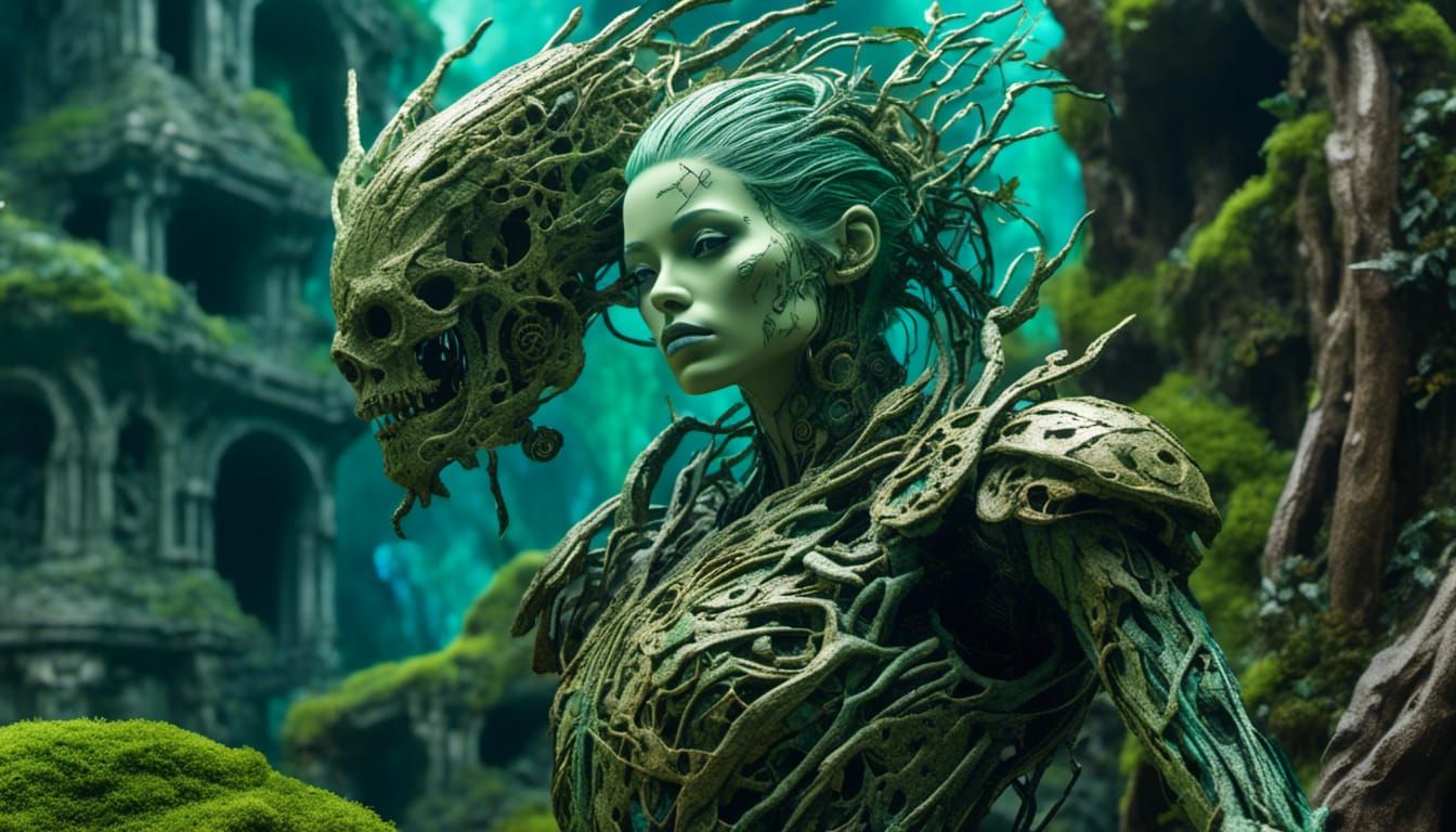 Biomechanical Dryad in Verdant Dreamscape, Giger-inspired