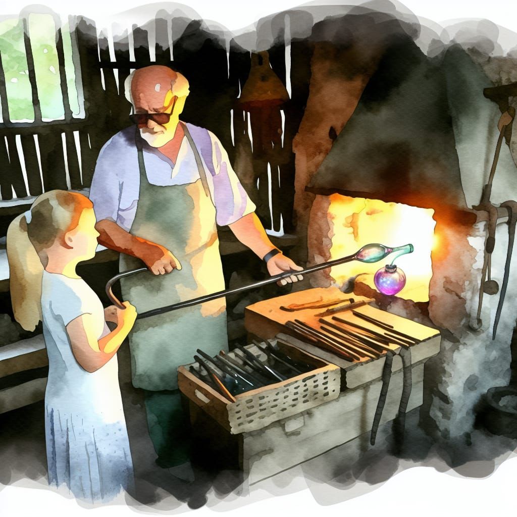 Glassblowing Master Teaches Apprentice in Watercolor