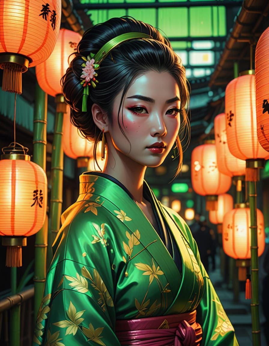 Cyberpunk Geisha in Neon Lights, Anime Style