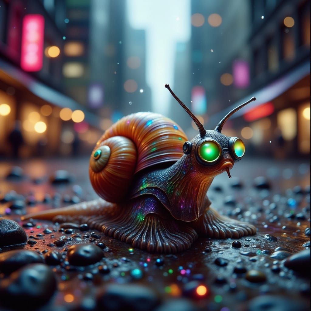 Cyberpunk Snails in Rainy Cityscape